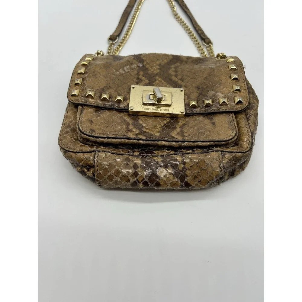 MICHAEL KORS Selma Python Embossed‎ Leather Studded Shoulder Bag Gold Chain Flap